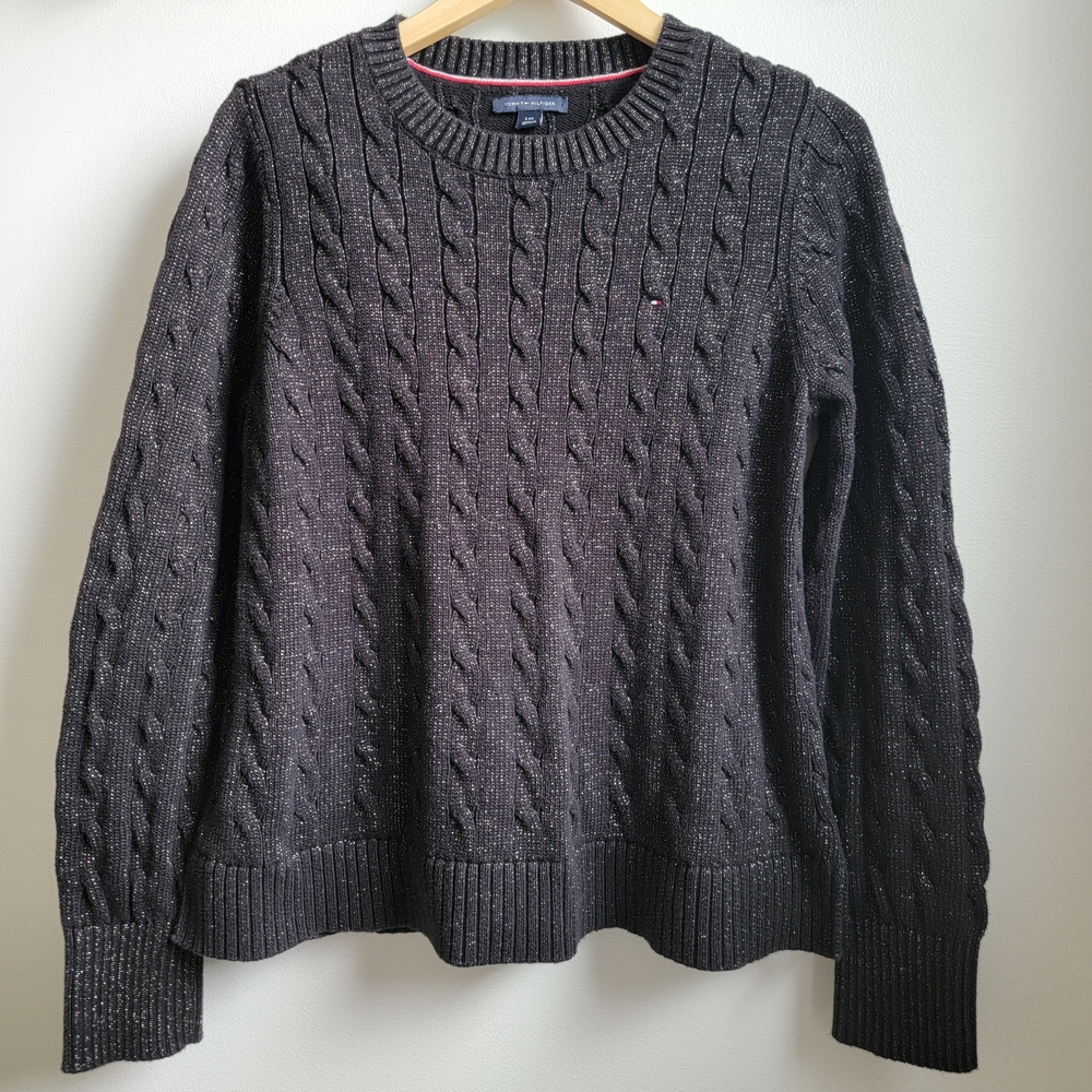 Tommy Hilfiger Women's Black Cable Knit Sweater Sparkly Accent